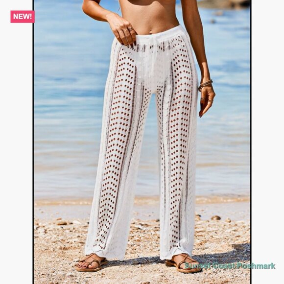 Crochet Mesh Knit Beach Cover Up Pants High Waist Drawstring - Picture 7 of 7